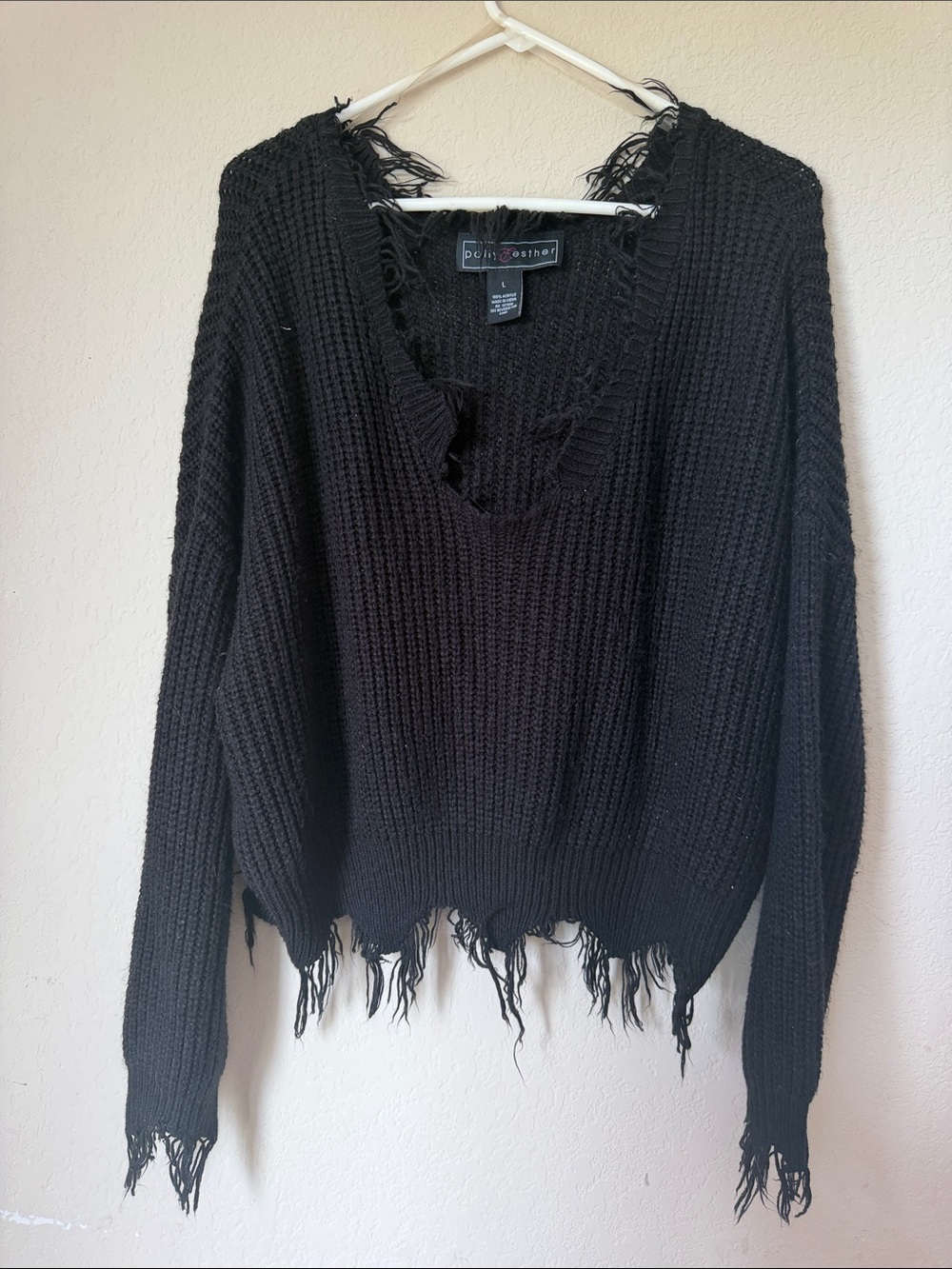 Polly & Esther Black Distressed V-Neck Sweater